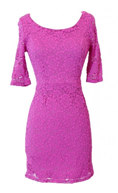 Elegant Fitted Floral Lace Dress in Bright Pink